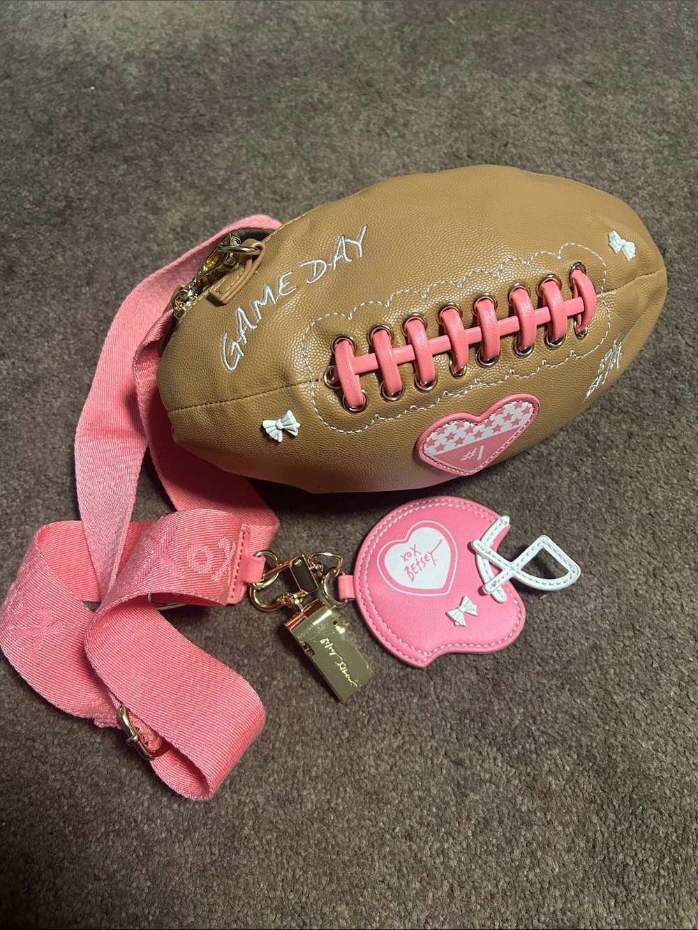 Betsey Johnson Pink & Tan Football Crossbody Bag with Strap